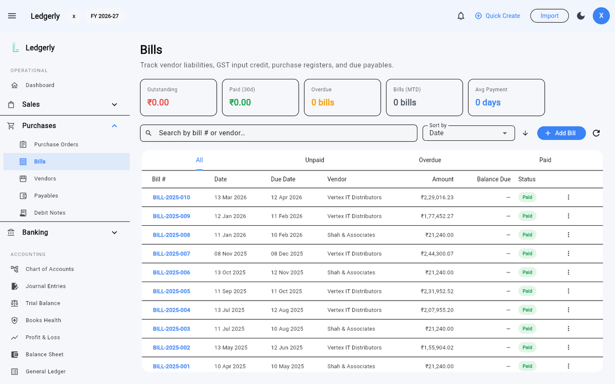 The Bills page: vendor bills with amounts, due dates and paid status