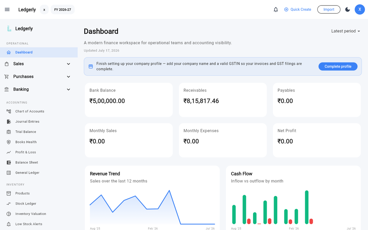 The Ledgerly dashboard: bank balance, receivables, payables, revenue trend and cash flow charts