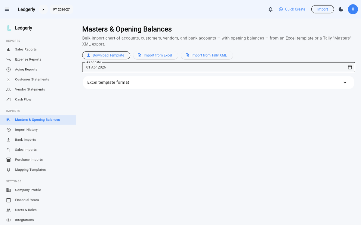 The Masters & Opening Balances page with Download Template, Import from Excel and Import from Tally XML buttons