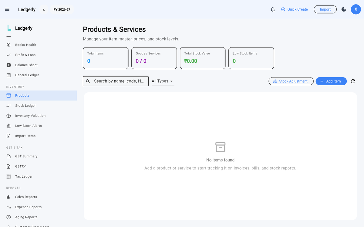 The Products & Services page: item KPIs, search and type filter, add item and stock adjustment actions