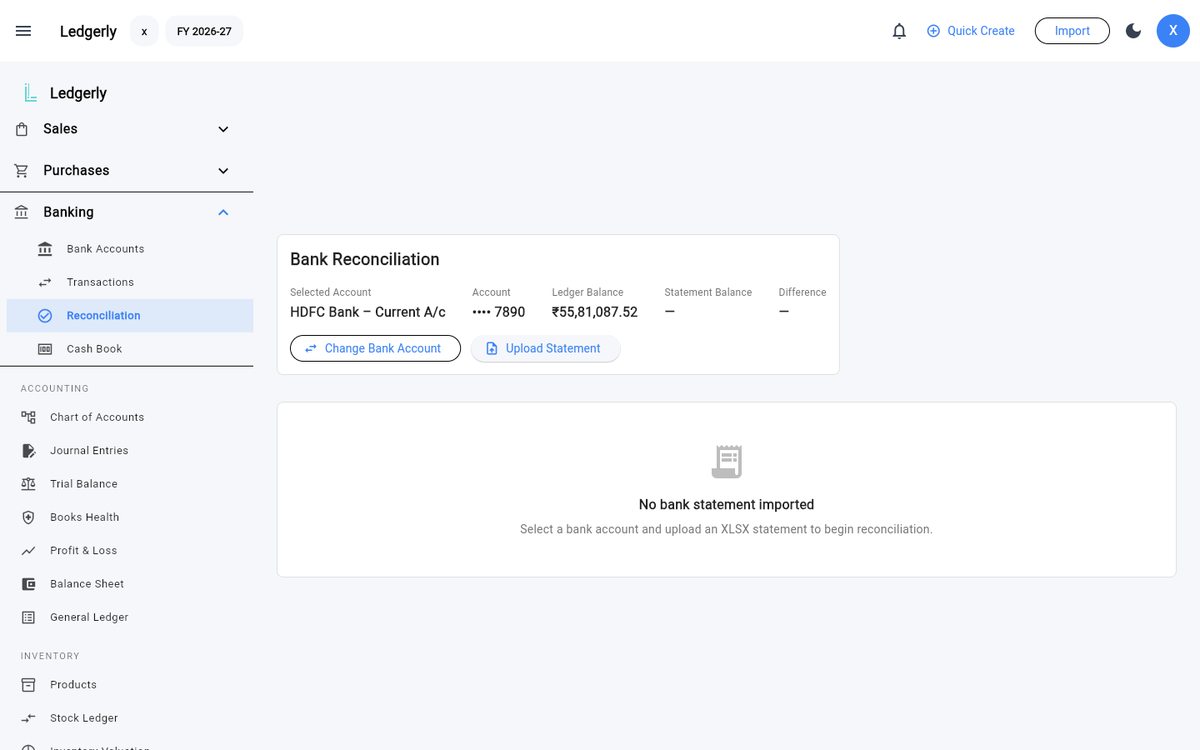 The Bank Reconciliation page with a bank account selected, showing ledger balance and the upload statement action